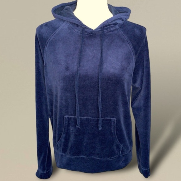 AMBIANCE Navy Dark Blue Velour Kangaroo Pocket Hoodie Pullover Size Med - Picture 2 of 8